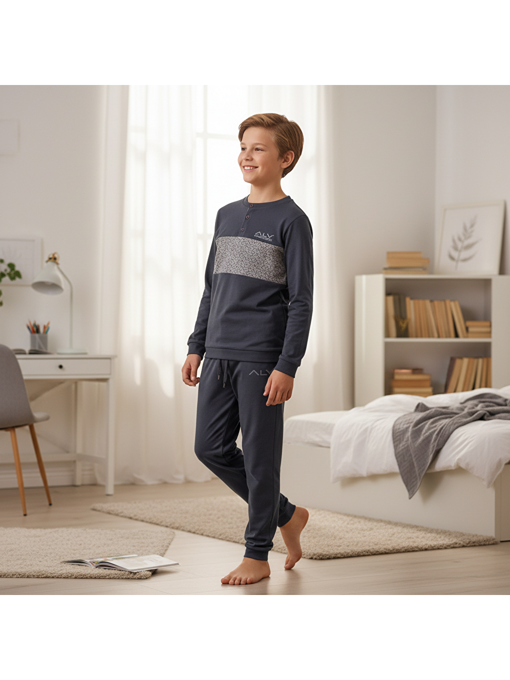 Gri Genç Erkek Pamuklu Füme Renk Pijama Takımı Al002 V2 Bb2433-3