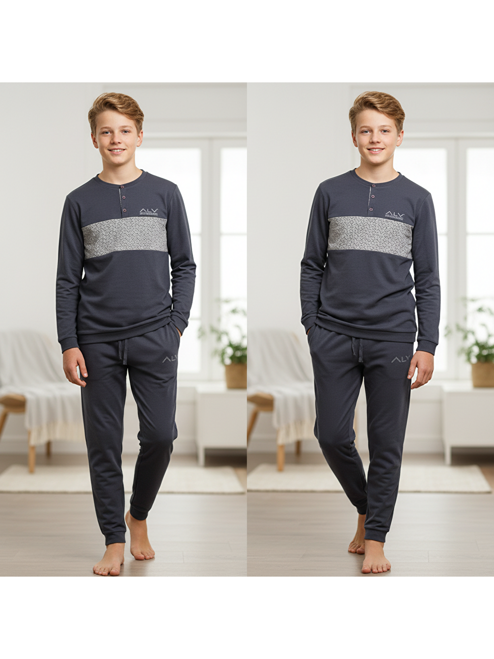 Gri Genç Erkek Pamuklu Füme Renk Pijama Takımı Al002 V2 Bb2433-4