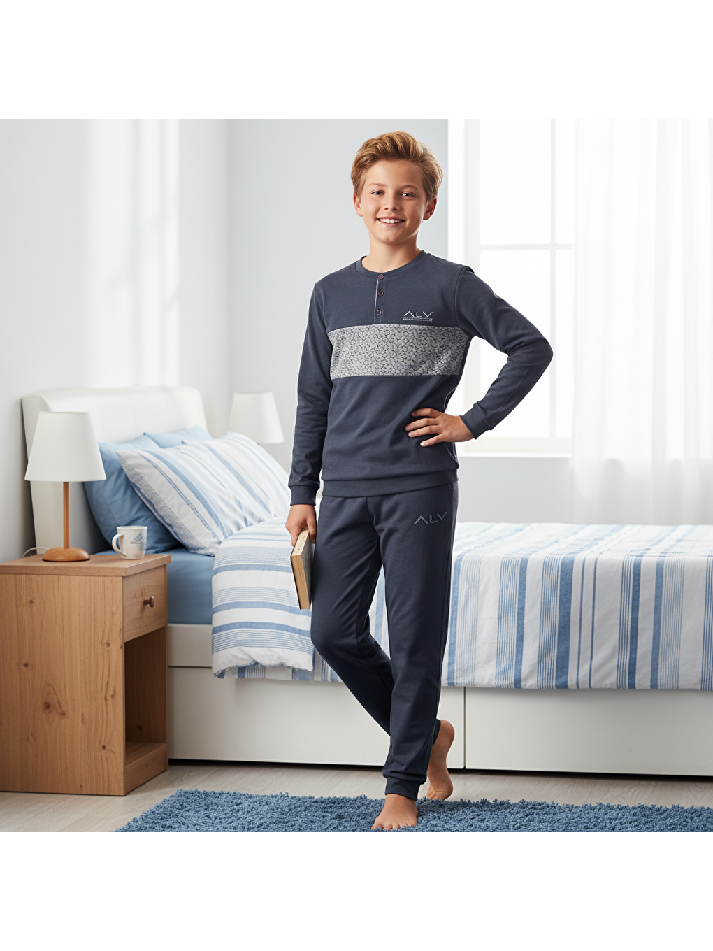 Gri Genç Erkek Pamuklu Füme Renk Pijama Takımı Al002 V2 Bb2433-5