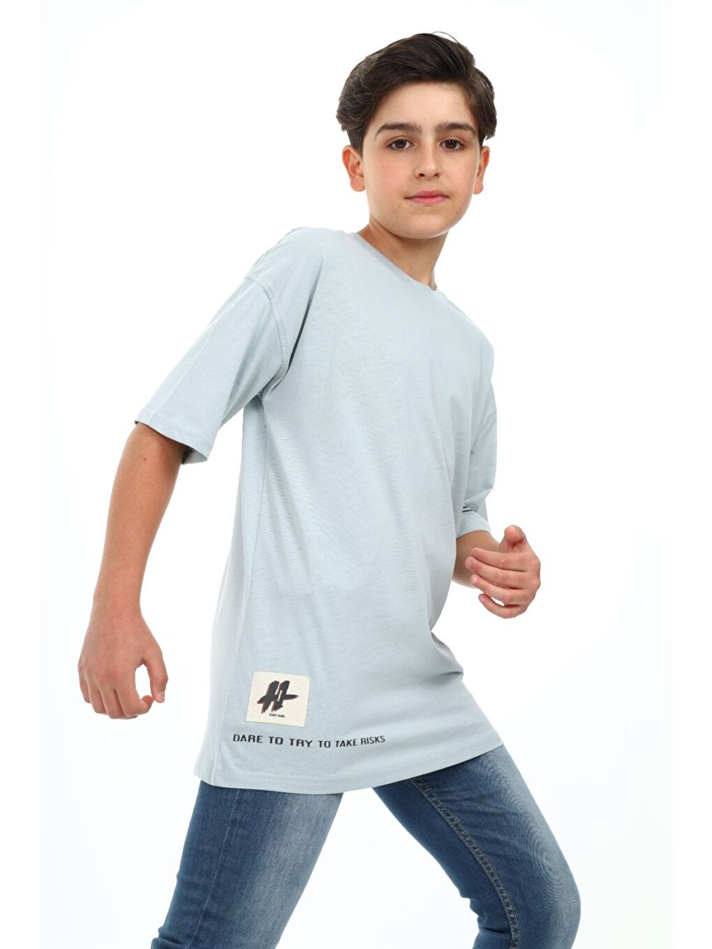 Yeşil Erkek Çocuk Bisiklet Yaka Düşük Omuz Kısa Kollu Arma Detaylı  Baskılı Tişört  24498-2