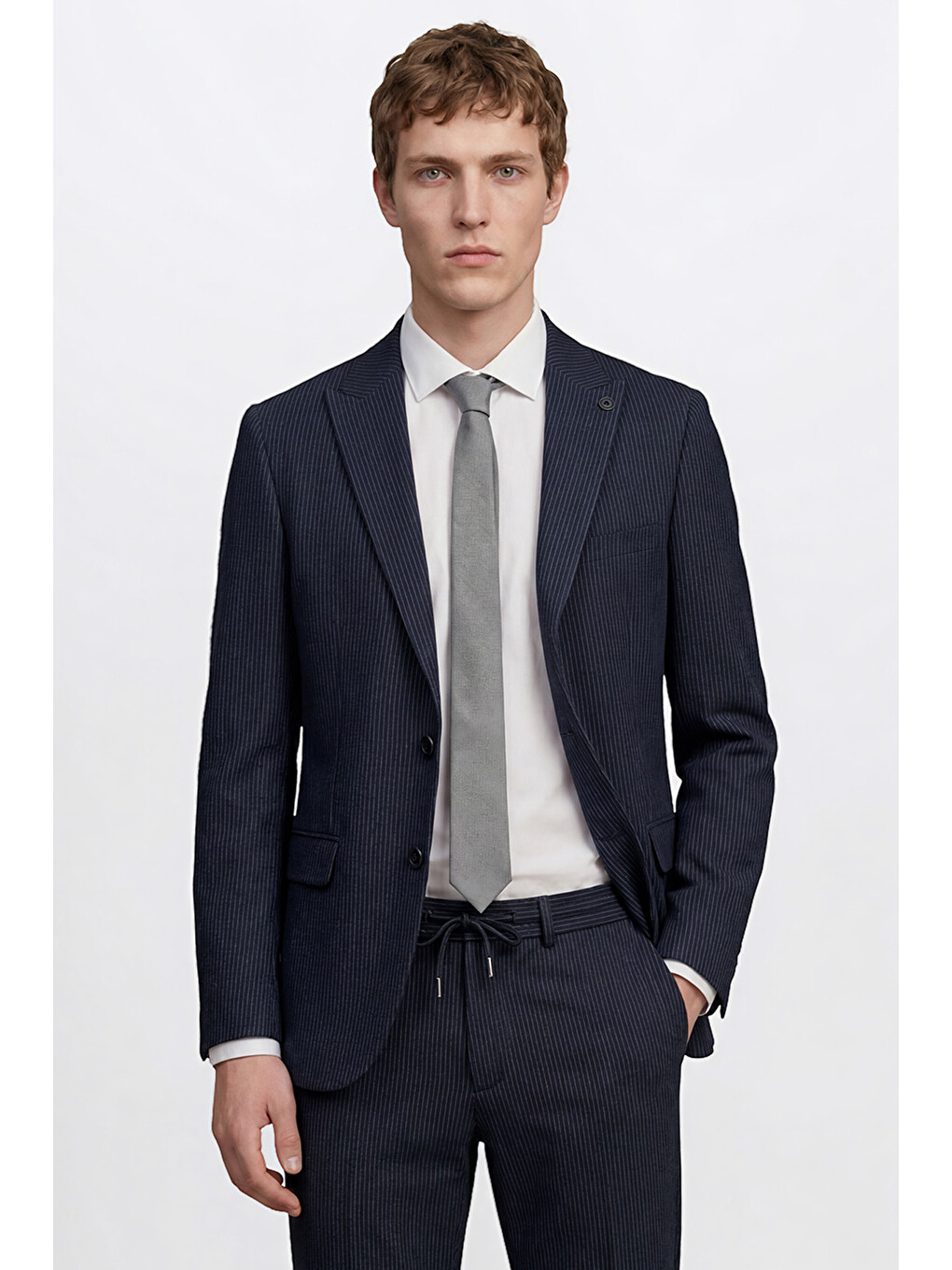 Erkek Lacivert Ekstra Slim Fit Dar Kesim Kırlangıç Yaka Kapak Cepli Çizgili Gofre Desenli Esnek Tak-