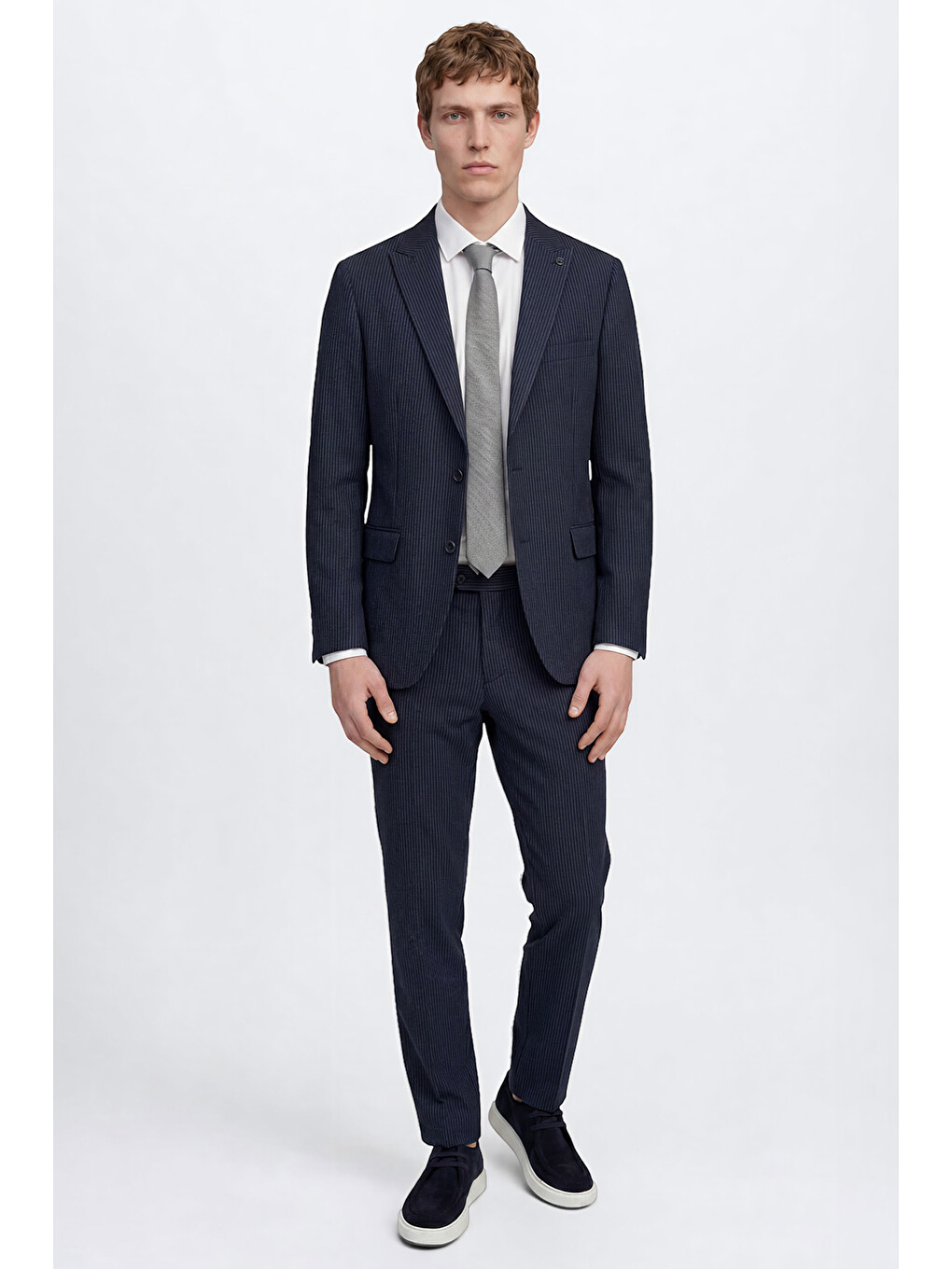 Erkek Lacivert Ekstra Slim Fit Dar Kesim Kırlangıç Yaka Kapak Cepli Çizgili Gofre Desenli Esnek Tak--1