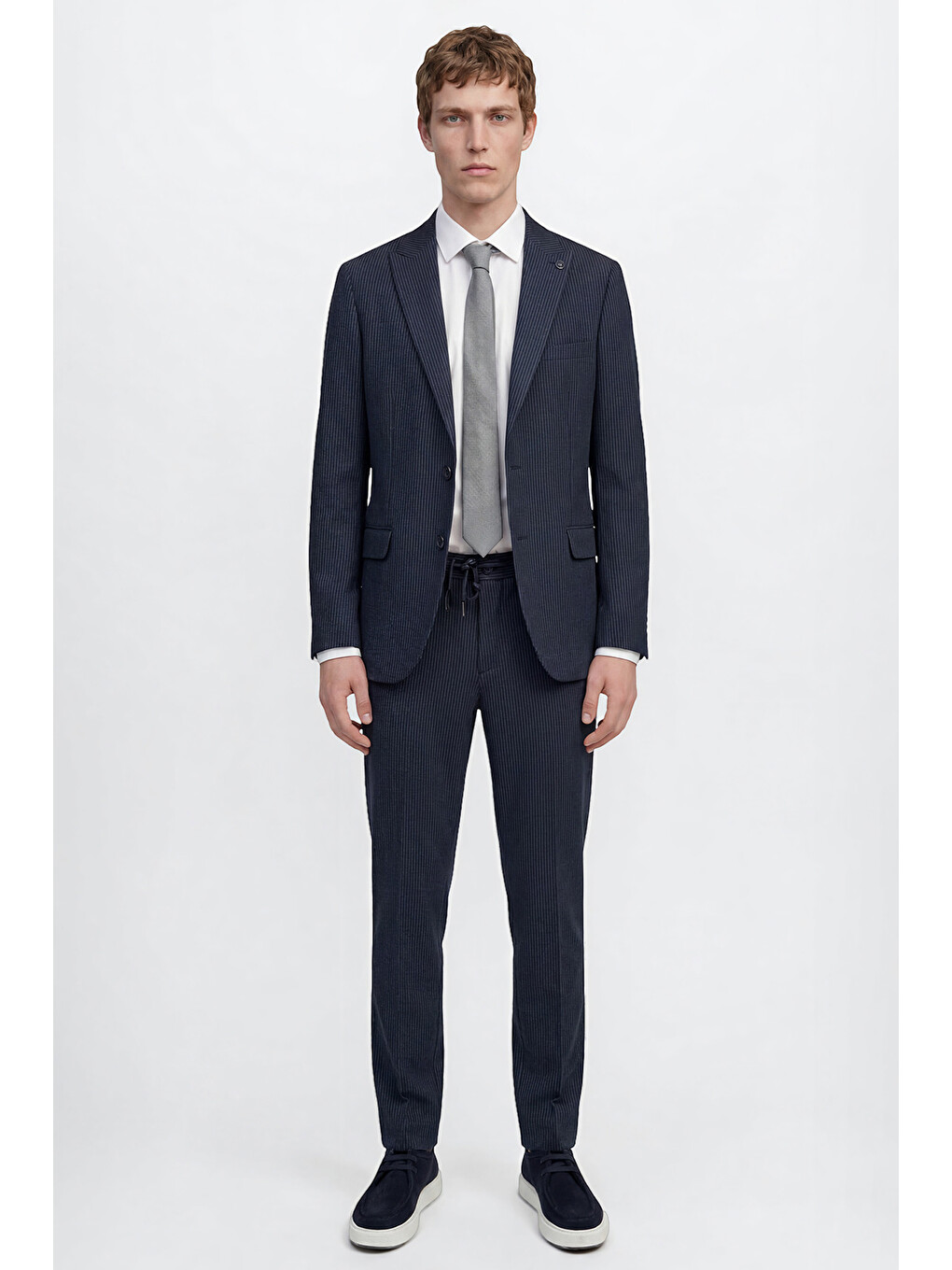 Erkek Lacivert Ekstra Slim Fit Dar Kesim Kırlangıç Yaka Kapak Cepli Çizgili Gofre Desenli Esnek Tak--2