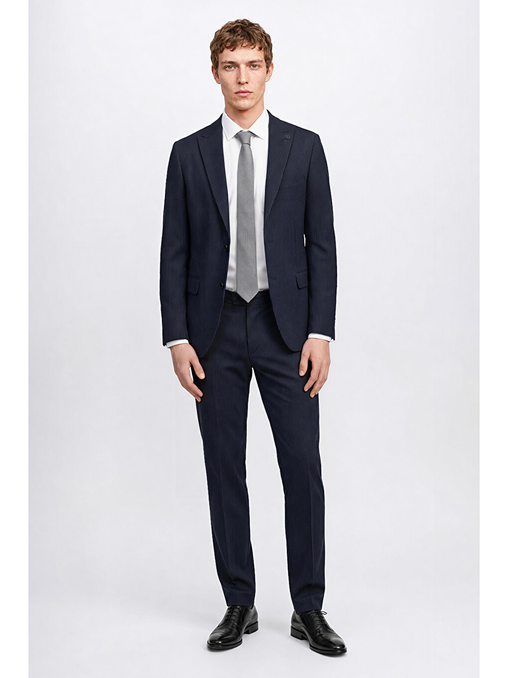 Erkek Lacivert Ekstra Slim Fit Dar Kesim Kırlangıç Yaka Kapak Cepli Çizgili Gofre Desenli Esnek Tak--3