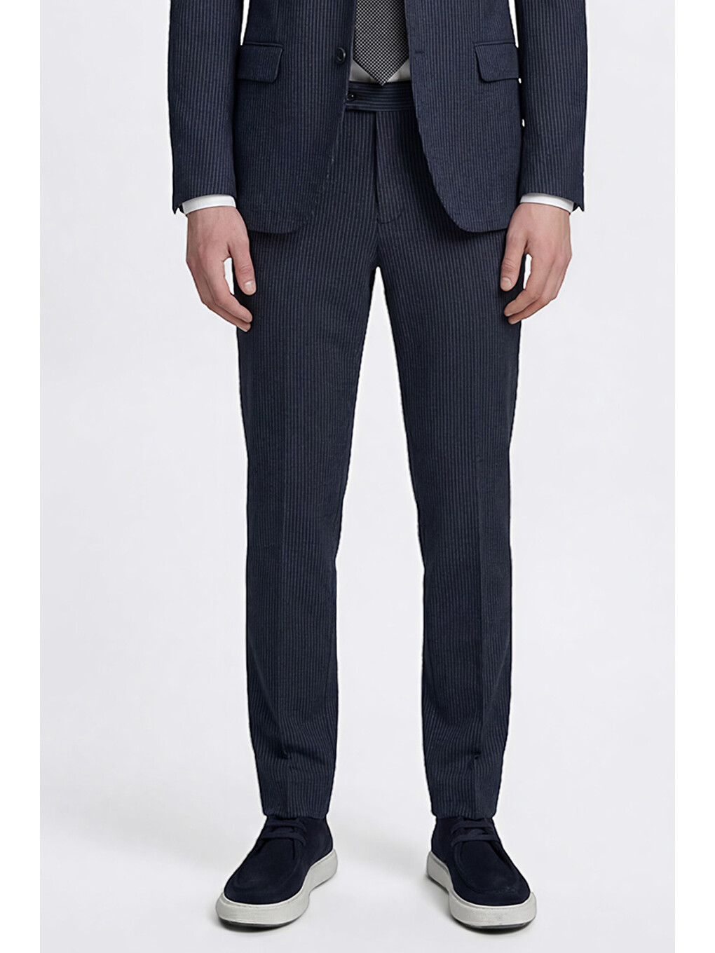 Erkek Lacivert Ekstra Slim Fit Dar Kesim Kırlangıç Yaka Kapak Cepli Çizgili Gofre Desenli Esnek Tak--4