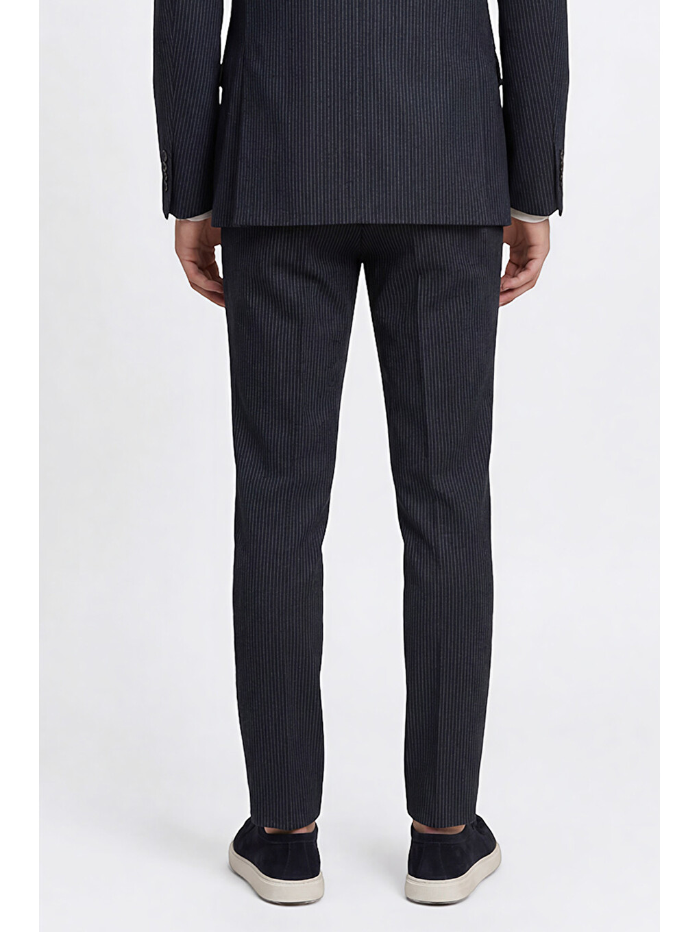Erkek Lacivert Ekstra Slim Fit Dar Kesim Kırlangıç Yaka Kapak Cepli Çizgili Gofre Desenli Esnek Tak--5