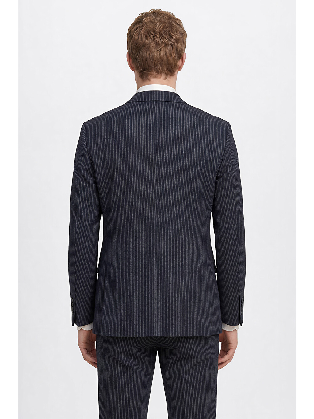 Erkek Lacivert Ekstra Slim Fit Dar Kesim Kırlangıç Yaka Kapak Cepli Çizgili Gofre Desenli Esnek Tak--6