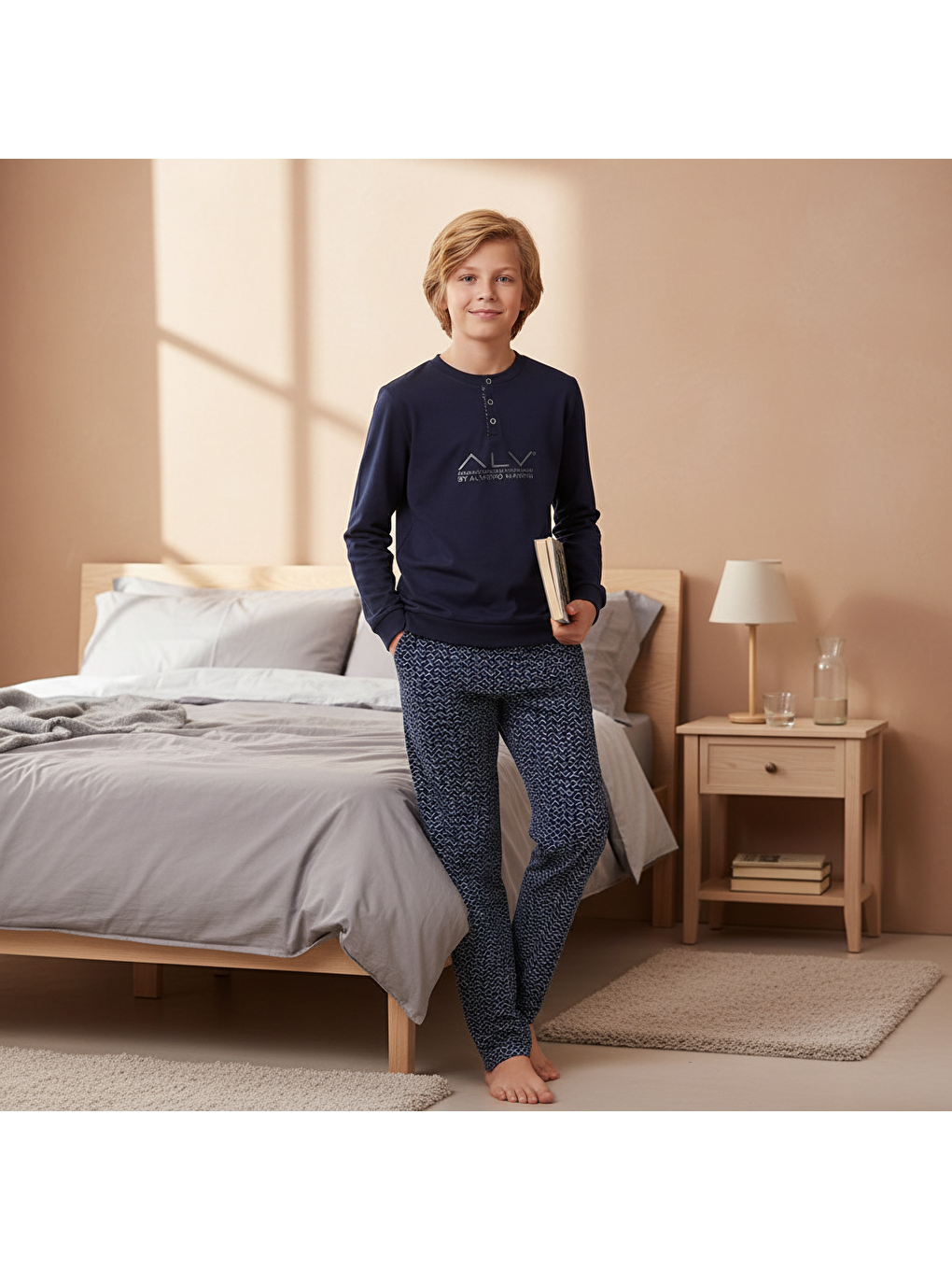 Genç Erkek Pamuklu Lacivert Renk Pijama Takımı Al001 V1 Bb2431-4