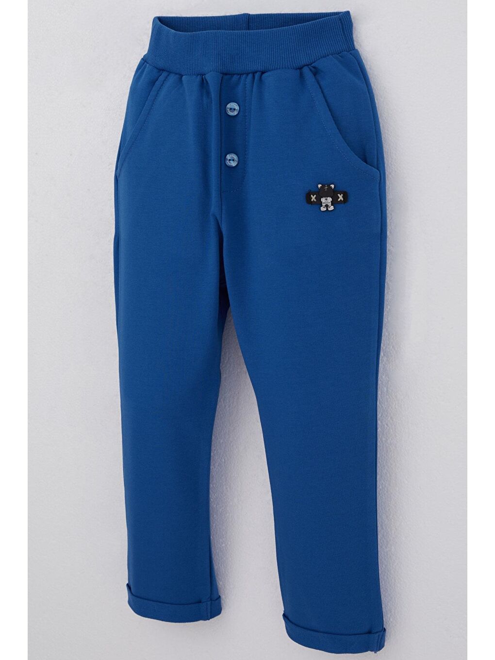 Erkek Bebek Eşofman Altı Ayıcık Armalı Düğme Aksesuarlı Saks Mavisi (9 Ay-2 Yaş)-2