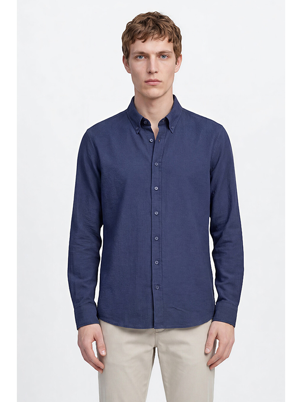 Erkek Lacivert %100 Pamuk Slim Fit Dar Kesim Düğmeli Yaka Gofre Desenli Gömlek