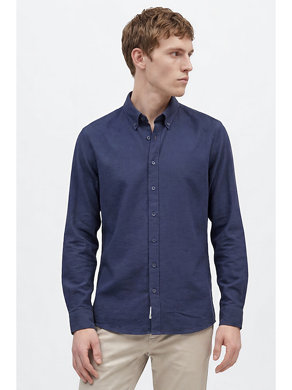 Erkek Lacivert %100 Pamuk Slim Fit Dar Kesim Düğmeli Yaka Gofre Desenli Gömlek-2