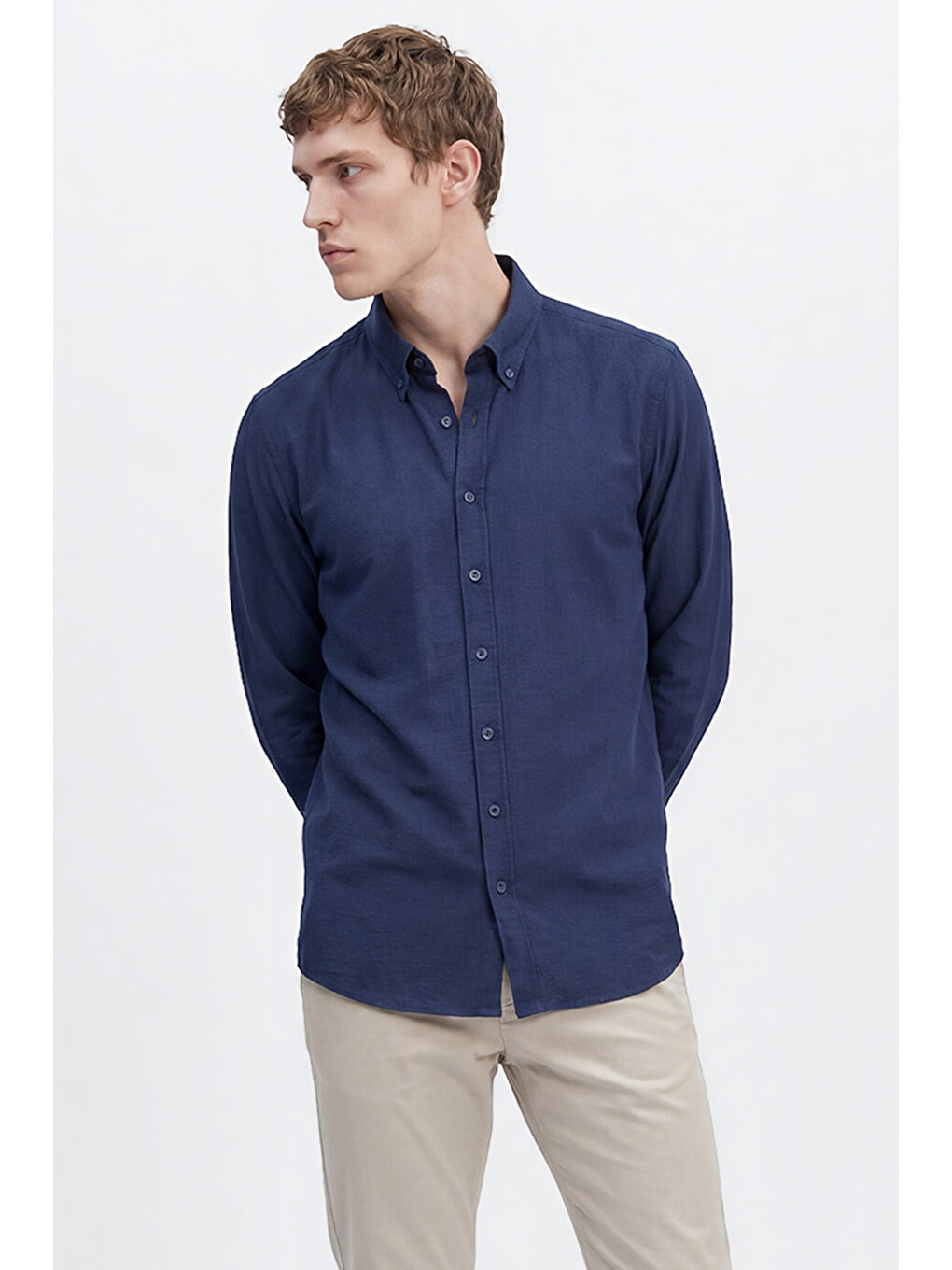 Erkek Lacivert %100 Pamuk Slim Fit Dar Kesim Düğmeli Yaka Gofre Desenli Gömlek-3