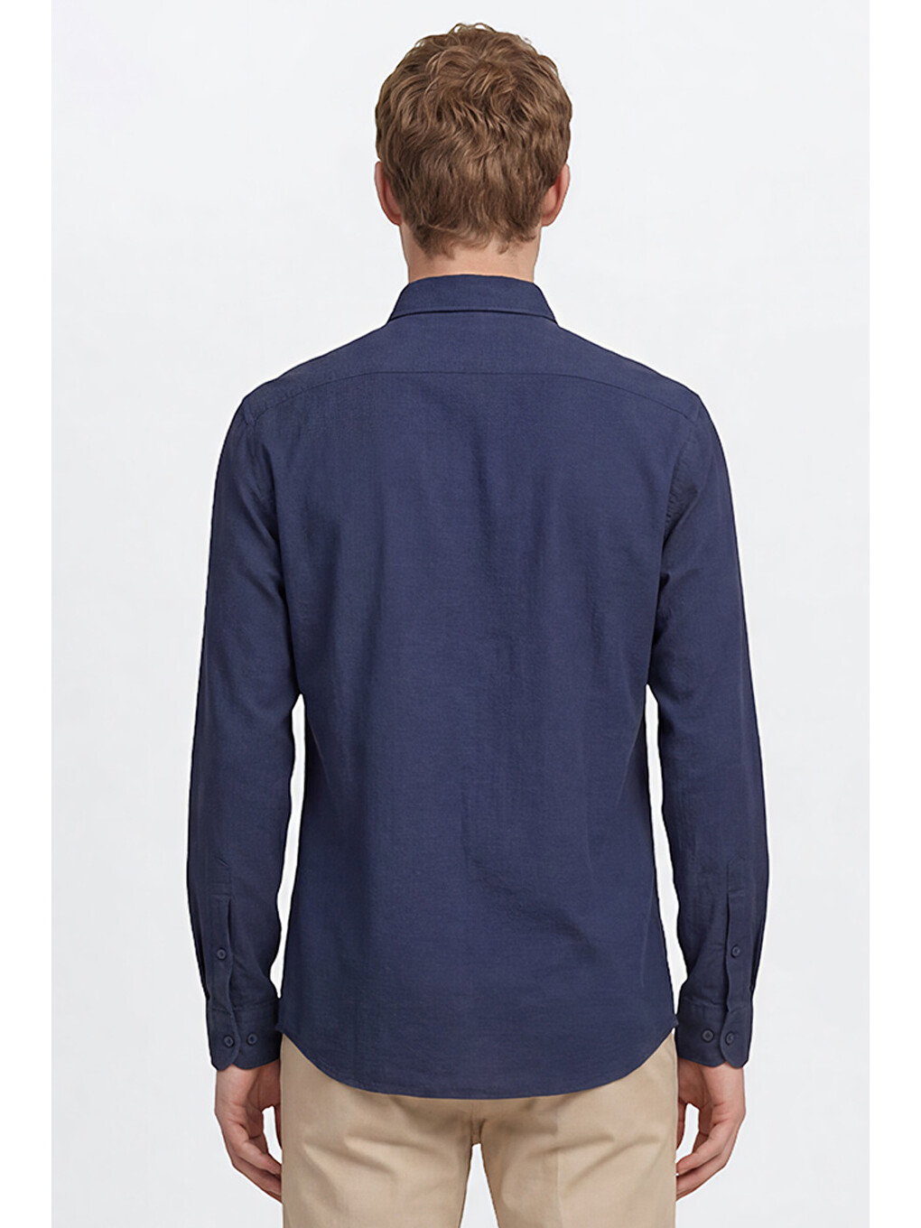 Erkek Lacivert %100 Pamuk Slim Fit Dar Kesim Düğmeli Yaka Gofre Desenli Gömlek-4