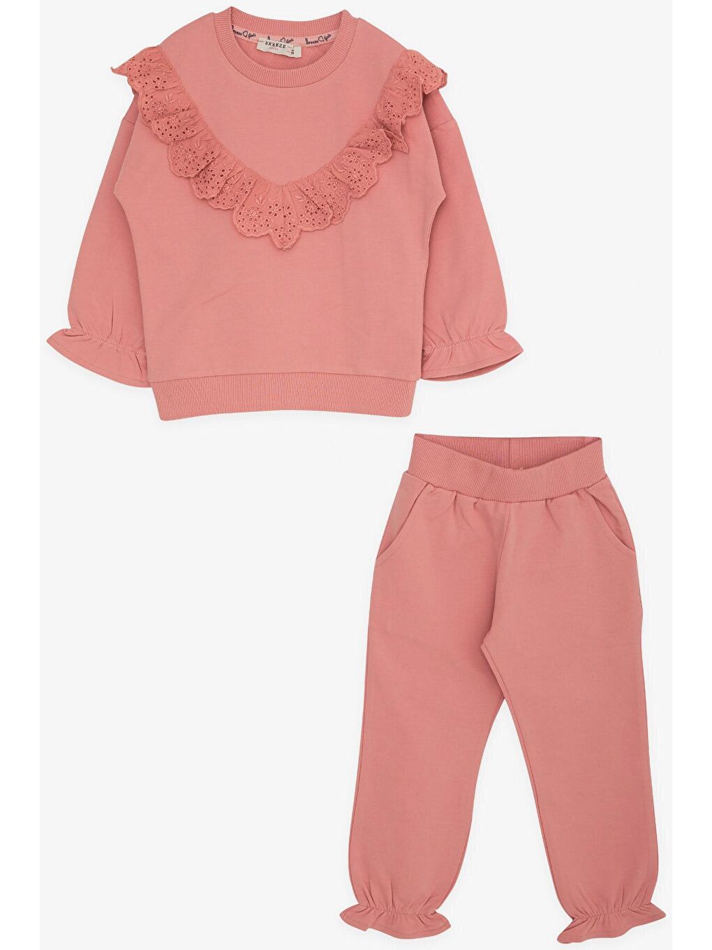 Pembe Kız Çocuk Taytlı Takım Güpürlü Gülkurusu (3-8 Yaş)