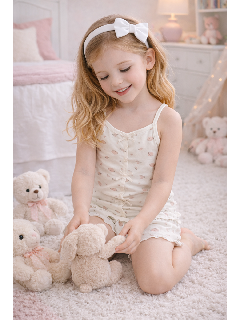 Lila Kız Çocuk Pamuklu Desenli Fiyonklu Askılı Şortlu Pijama Takımı