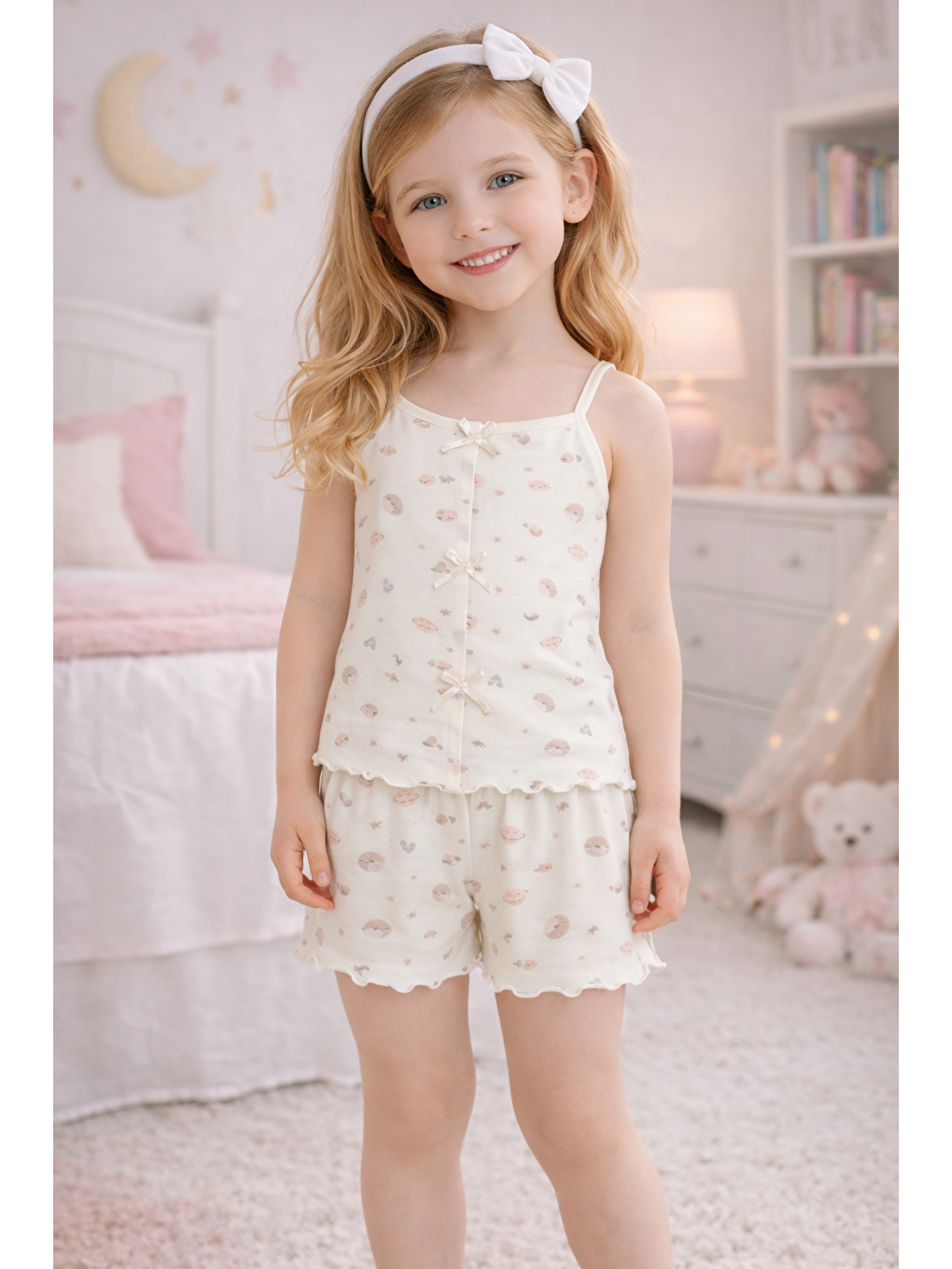 Lila Kız Çocuk Pamuklu Desenli Fiyonklu Askılı Şortlu Pijama Takımı-1