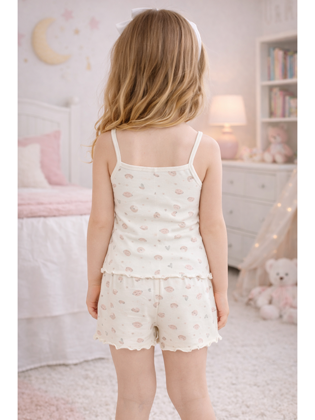 Lila Kız Çocuk Pamuklu Desenli Fiyonklu Askılı Şortlu Pijama Takımı-2