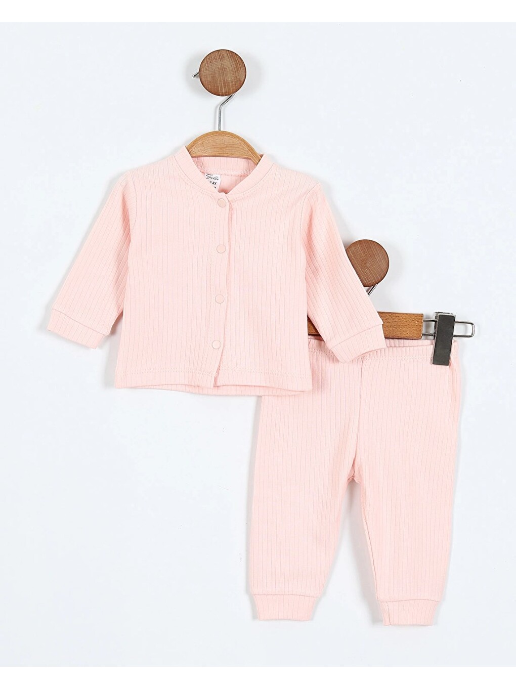 Pembe Çıtçıtlı %100 Pamuk Yenidoğan Fitilli Alt Üst Pijama Takım