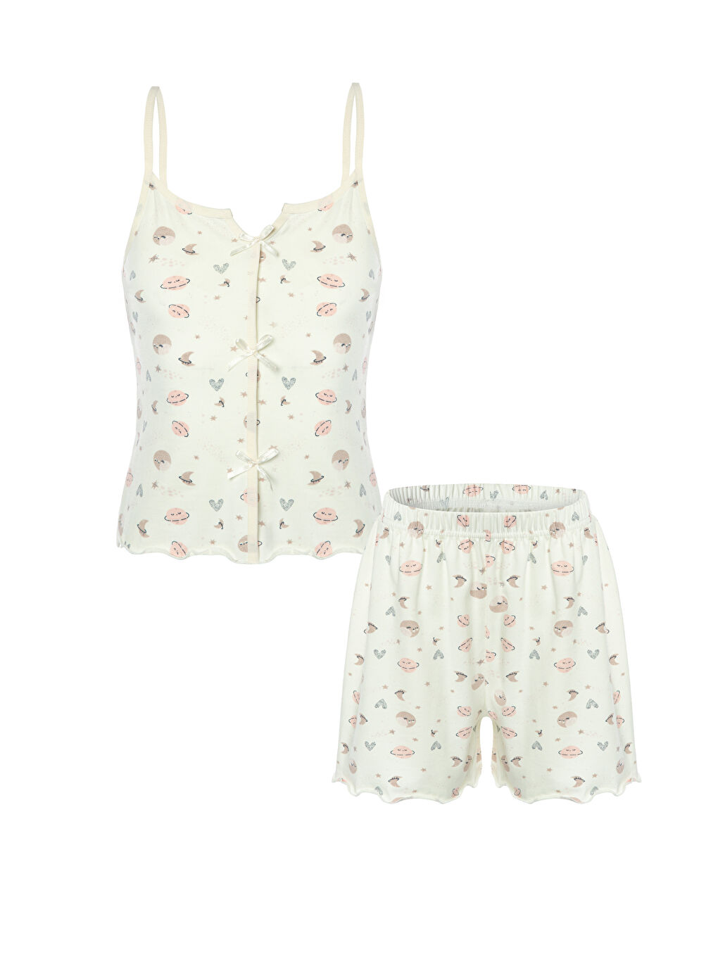 Lila Kız Çocuk Pamuklu Desenli Fiyonklu Askılı Şortlu Pijama Takımı-4