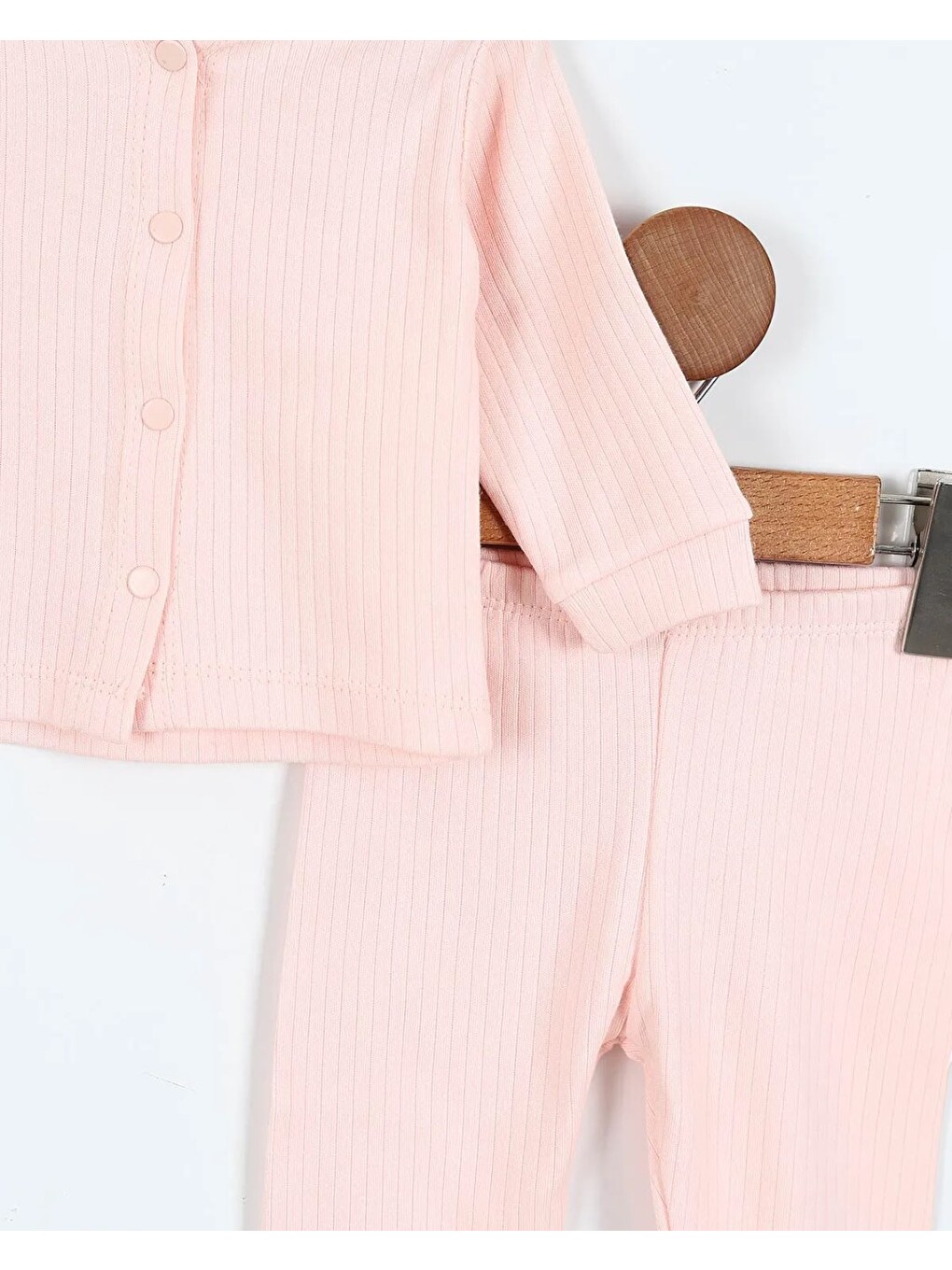 Pembe Çıtçıtlı %100 Pamuk Yenidoğan Fitilli Alt Üst Pijama Takım-3