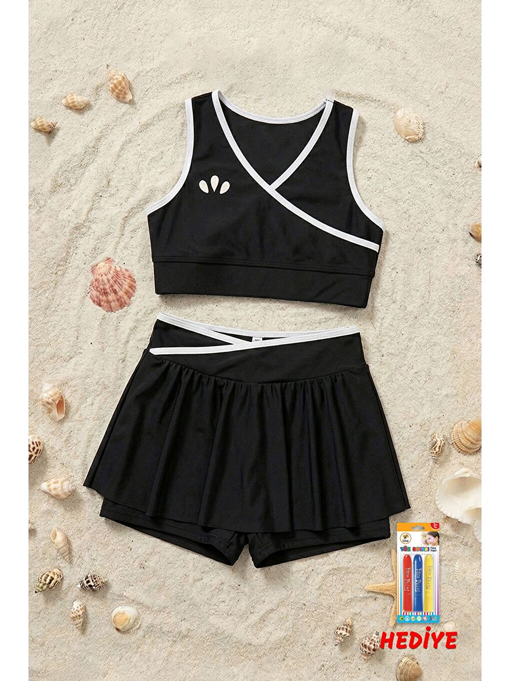 Kız Çocuk Sportif Siyah Renk Biyeli Crop Şort Etek Alt Üst Takım-1