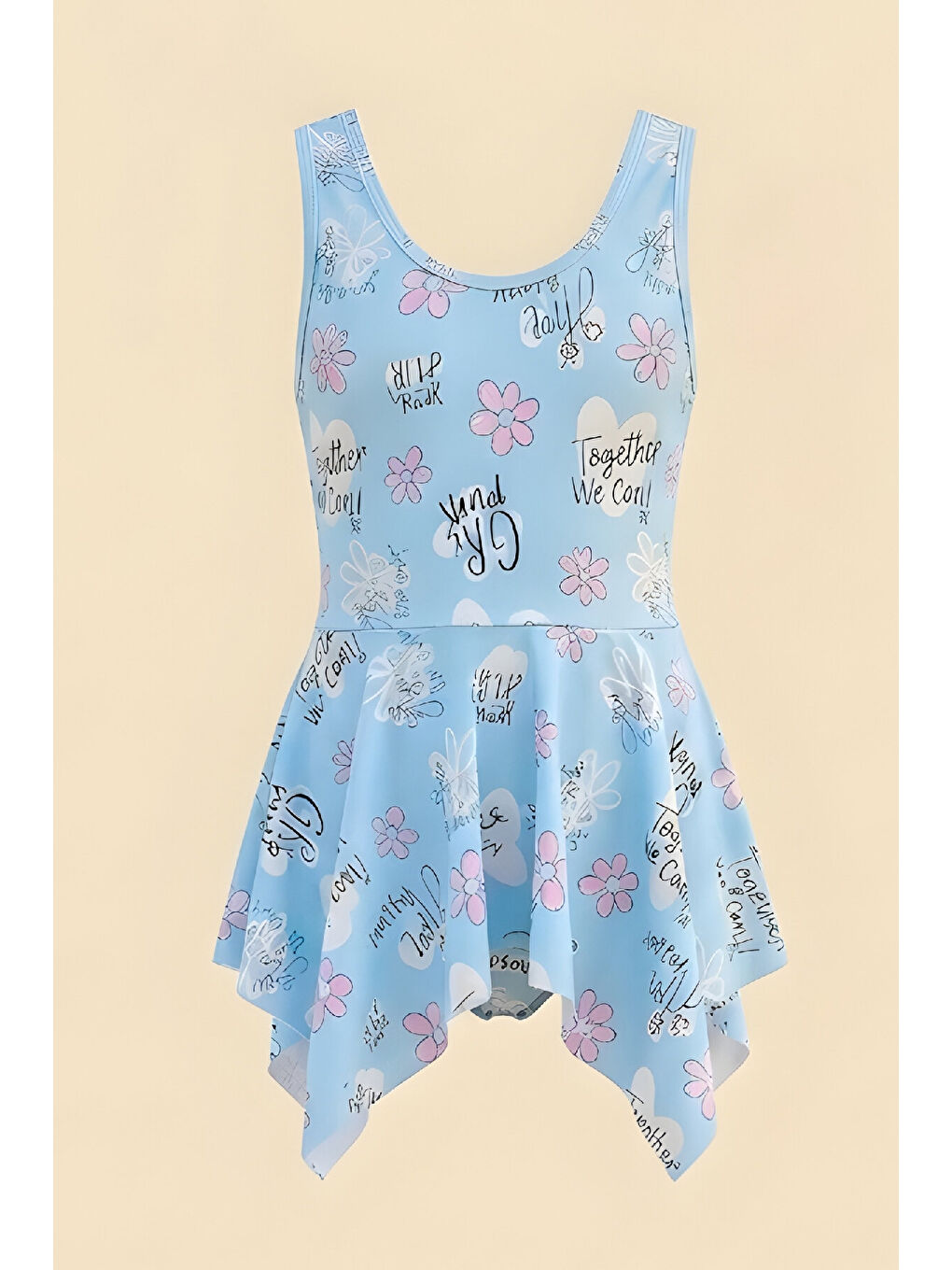 Mavi Kız Çocuk Elbise Mayo-İç Mayolu-Asimetrik Etek Uçlu- Baskılı 3-12 Yaş 12610