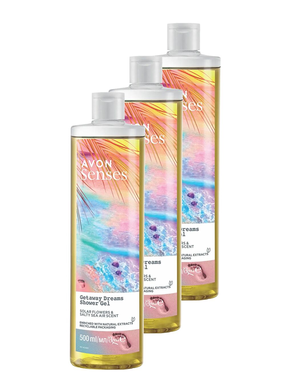 AVON Renksiz Senses Getaway Dreams Deniz Tuzu Ve Güneş Çiçeği Kokulu Duş Jeli 500 Ml. Üçlü Set