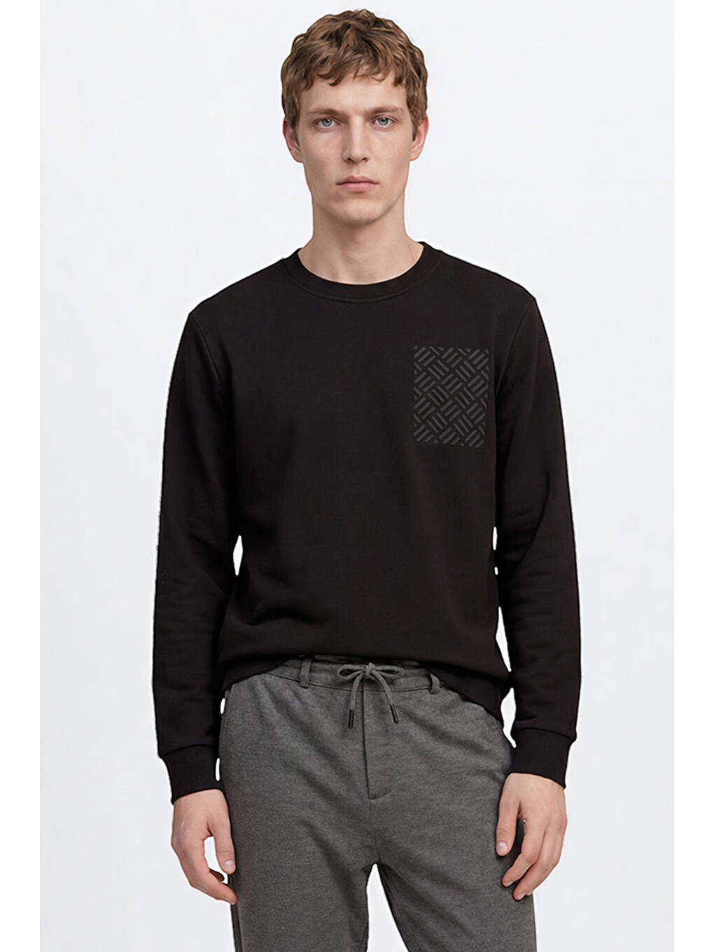 Erkek Siyah Pamuklu Standart Fit Normal Kesim Bisiklet Yaka Sweatshirt