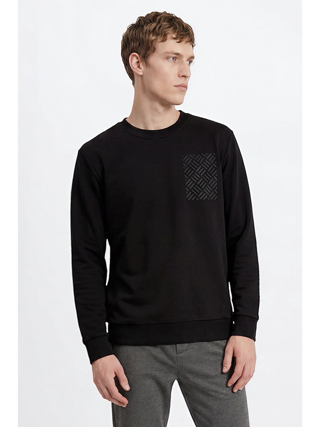 Erkek Siyah Pamuklu Standart Fit Normal Kesim Bisiklet Yaka Sweatshirt-3