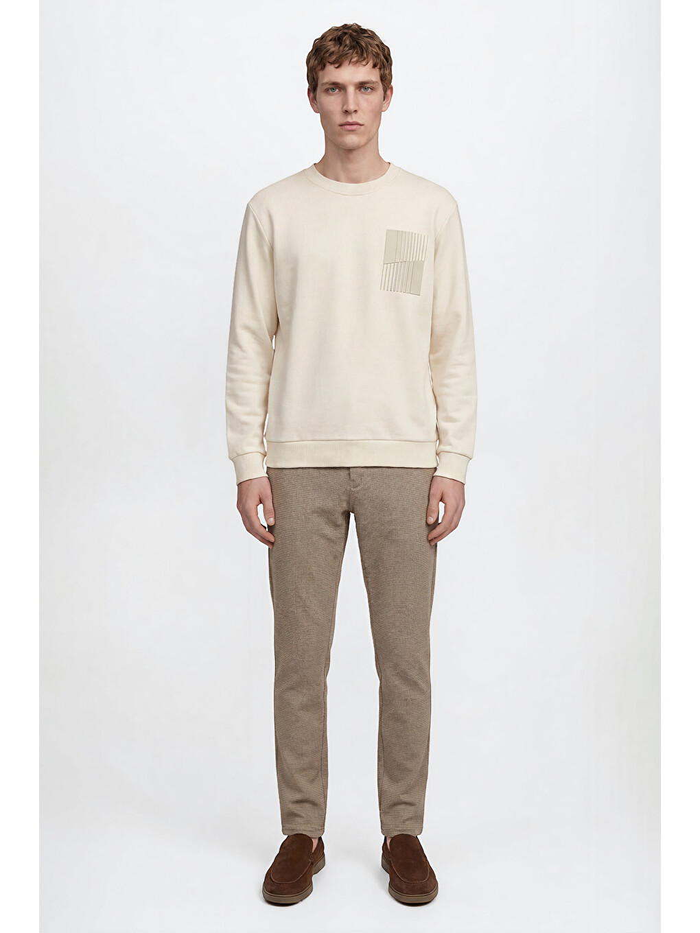 Bej Erkek Taş Pamuklu Standart Fit Normal Kesim Bisiklet Yaka Sweatshirt-1
