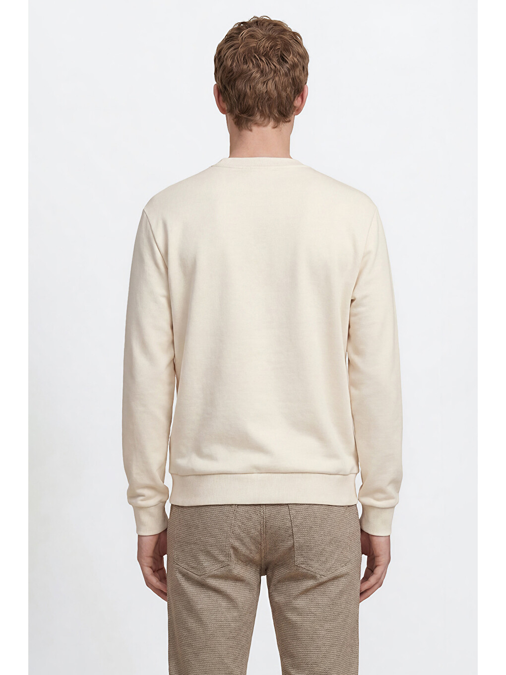 Bej Erkek Taş Pamuklu Standart Fit Normal Kesim Bisiklet Yaka Sweatshirt-4