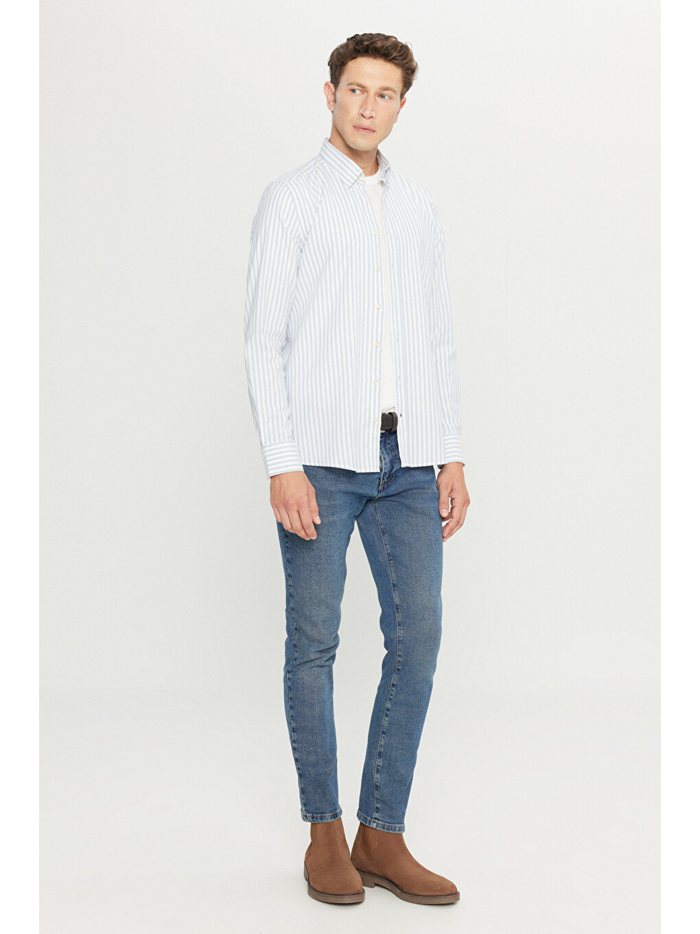 Erkek Mavi-Beyaz %100 Pamuk Flanel Slim Fit Dar Kesim Gizli Düğmeli Yaka Çizgili Gömlek-1