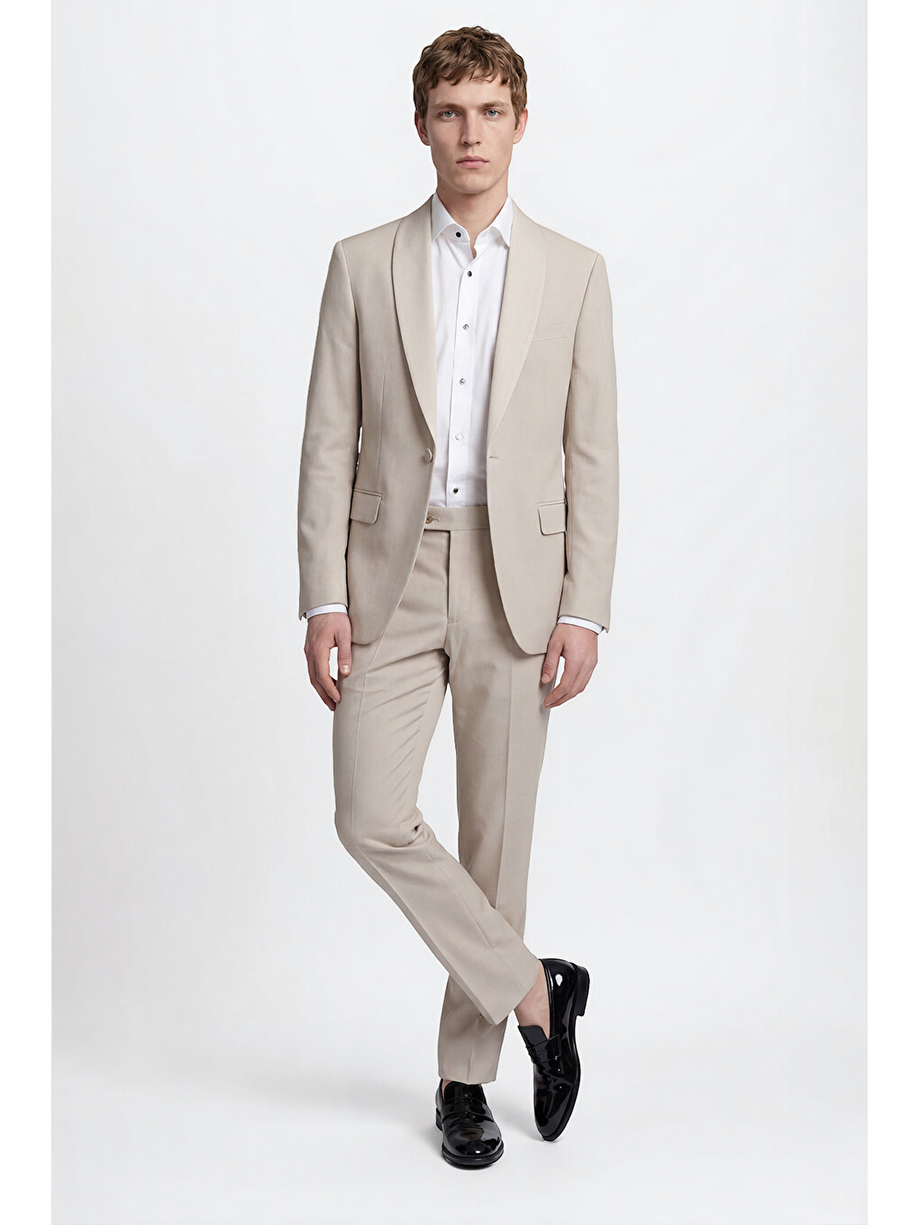 Erkek Bej Pamuklu Slim Fit Dar Kesim Çıkma Şal Yaka Kapak Cepli Damatlık Smokin Takım-1