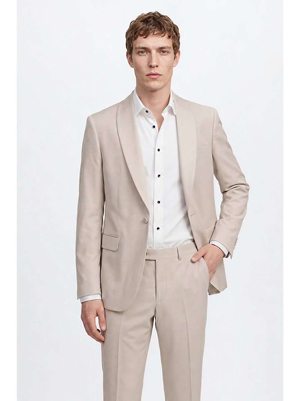Erkek Bej Pamuklu Slim Fit Dar Kesim Çıkma Şal Yaka Kapak Cepli Damatlık Smokin Takım-3