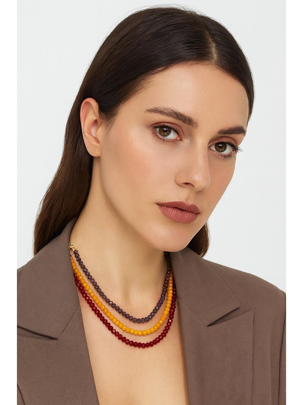 Sarı Kristal Kadın Kolye 3 'lü Set-5