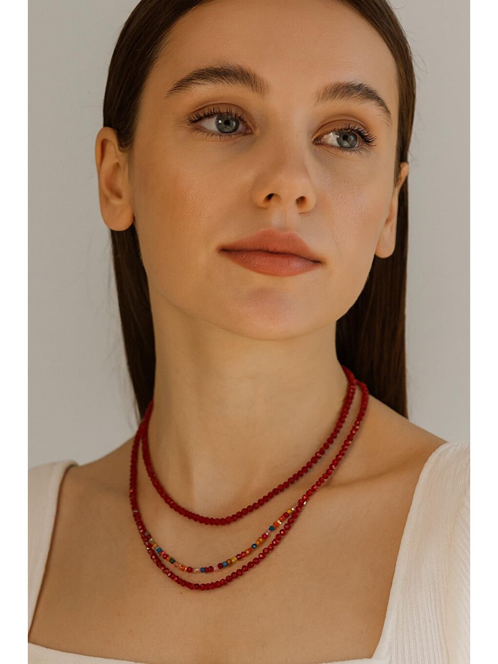 Kırmızı Kristal Kadın Kolye 3 'lü Set-4