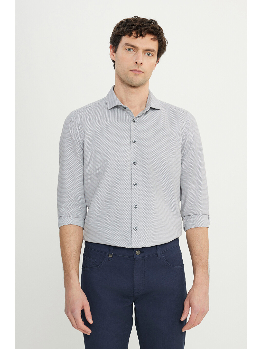 Erkek Gri Pamuklu Oxford Slim Fit Dar Kesim Küçük İtalyan Yaka Armürlü Gömlek