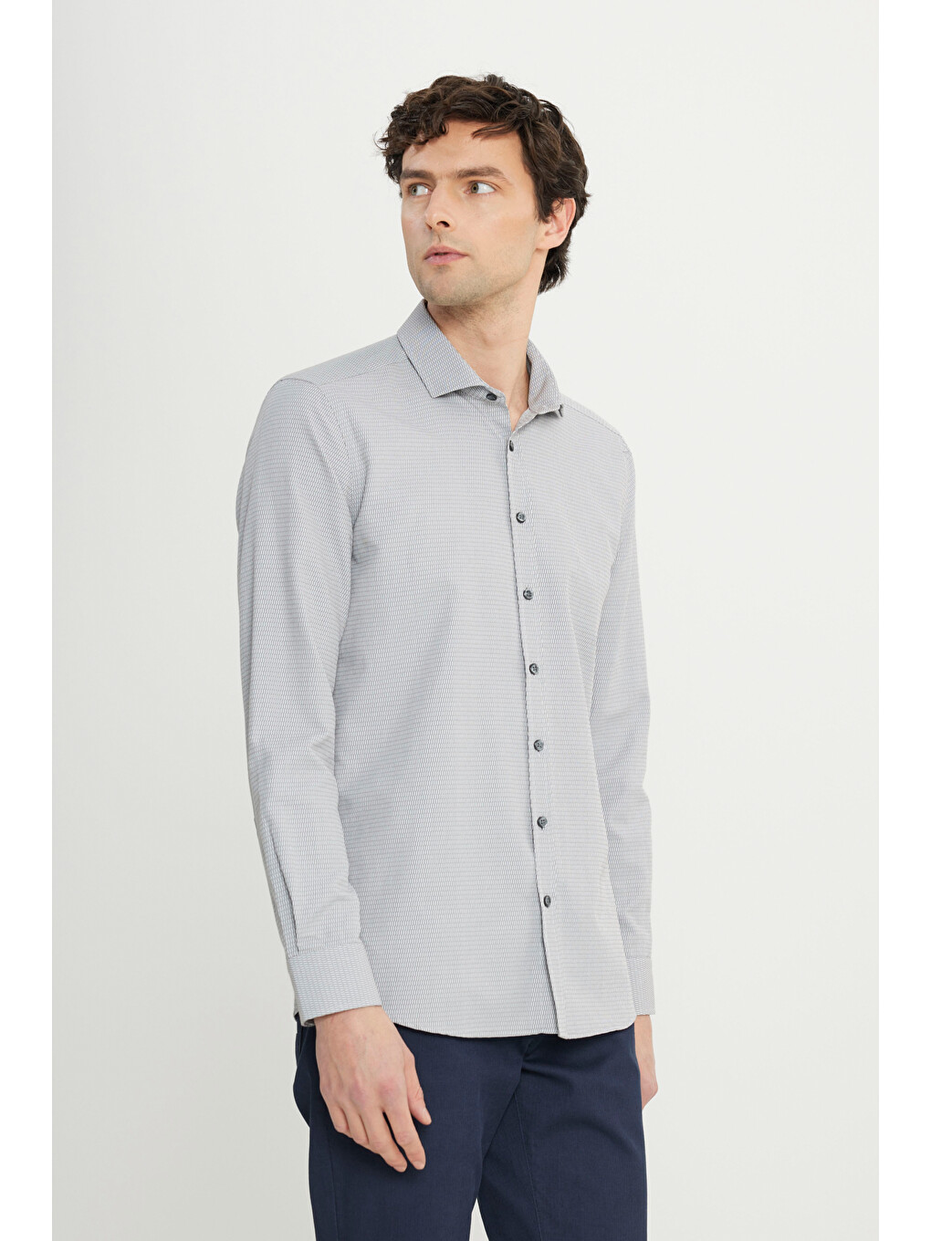 Erkek Gri Pamuklu Oxford Slim Fit Dar Kesim Küçük İtalyan Yaka Armürlü Gömlek-2