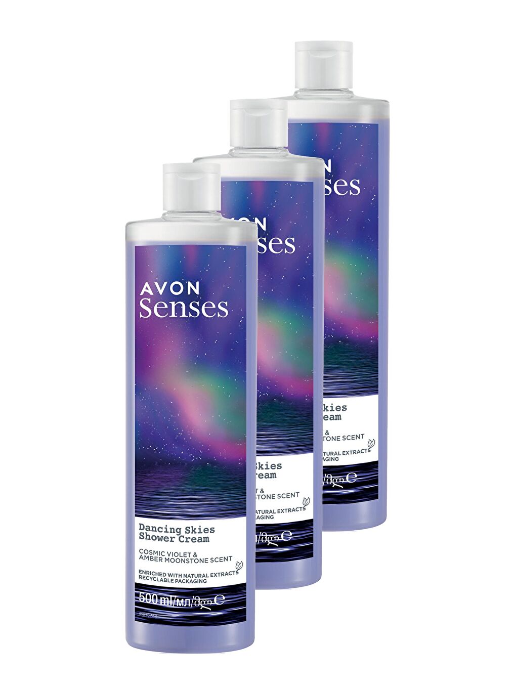 AVON Renksiz Senses Dancing Skies Menekşe ve Ahududu Kokulu Kremsi Duş Jeli 500 Ml. Üçlü Set