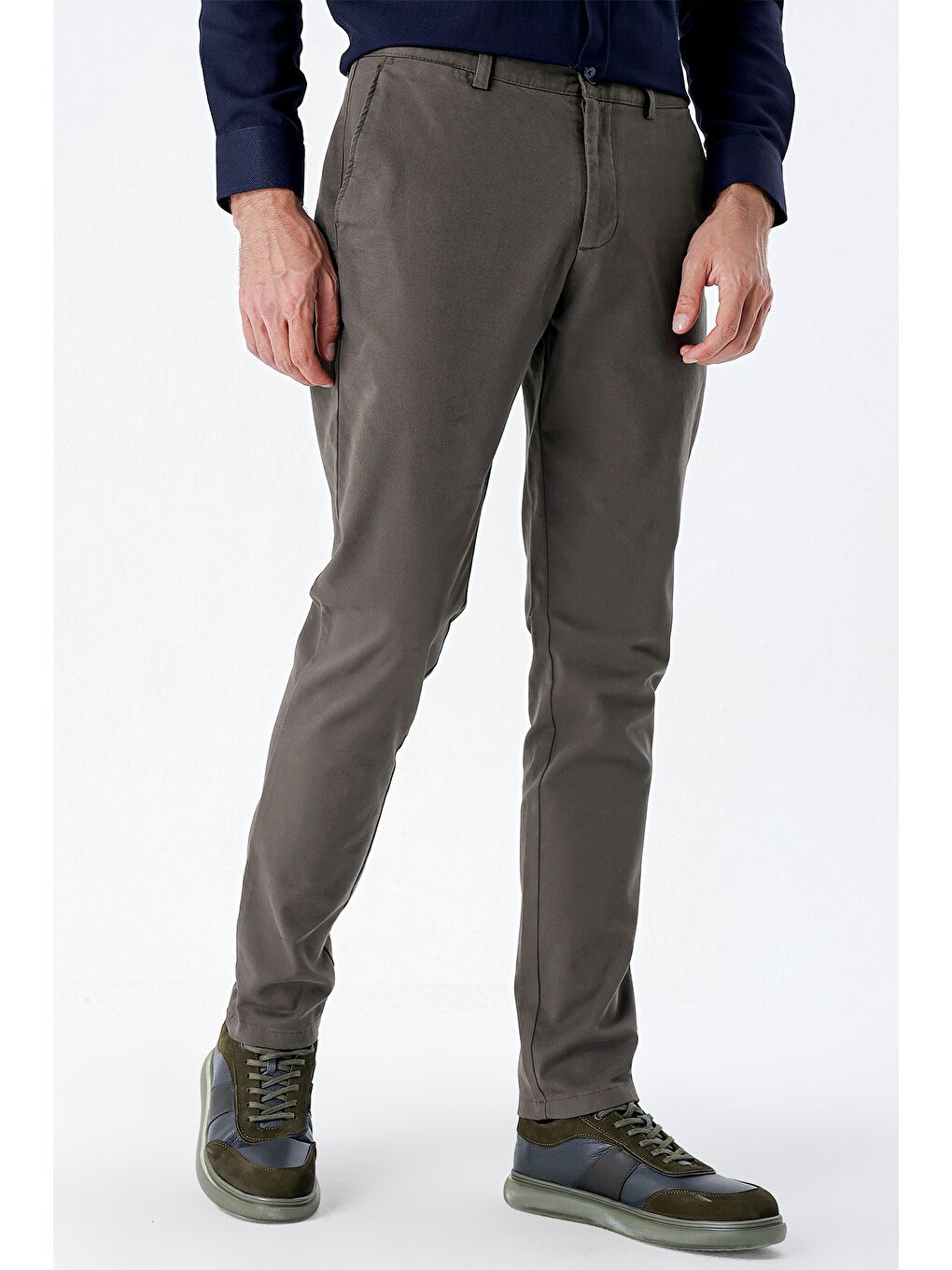Koyu Haki Pamuklu Yandan Cepli Casual Slim Fit Chino Pantolon 1003235117-1