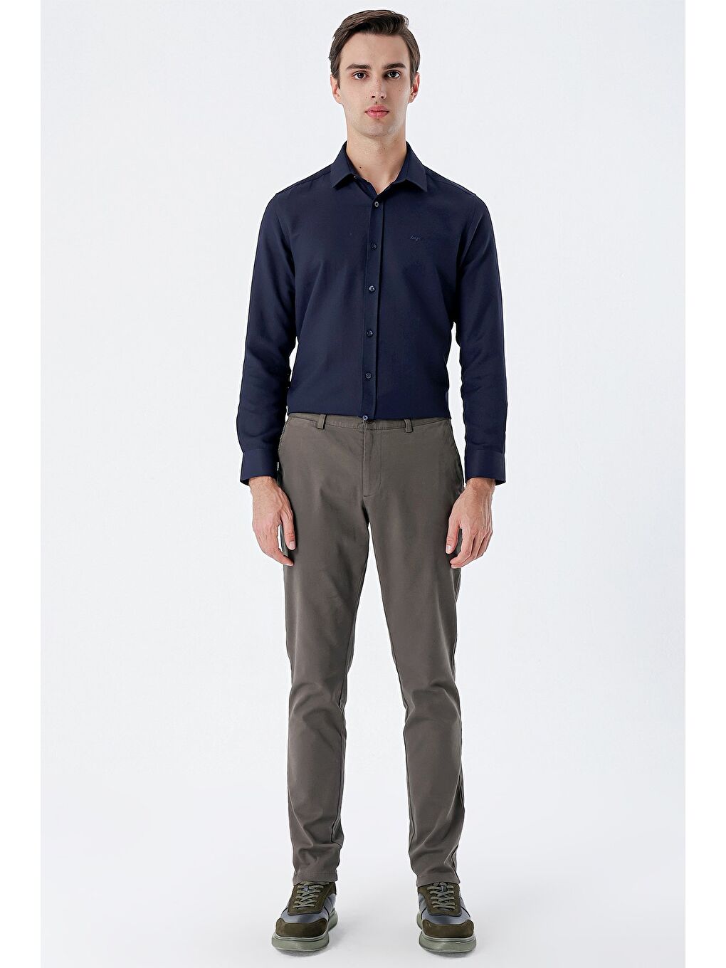 Koyu Haki Pamuklu Yandan Cepli Casual Slim Fit Chino Pantolon 1003235117-3