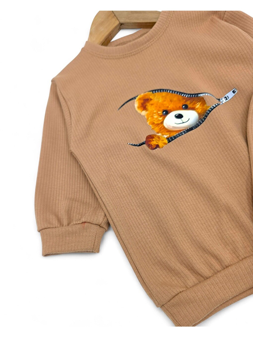 Kahverengi Ayıcıklı Fermuar Desenli Fitilli Pamuklu Erkek Bebek Takımı-1