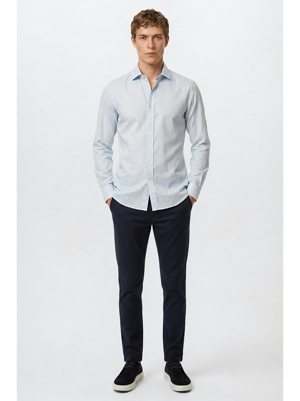 Erkek Mavi %100 Pamuk Slim Fit Dar Kesim Düğme Yaka Armürlü Gömlek-1