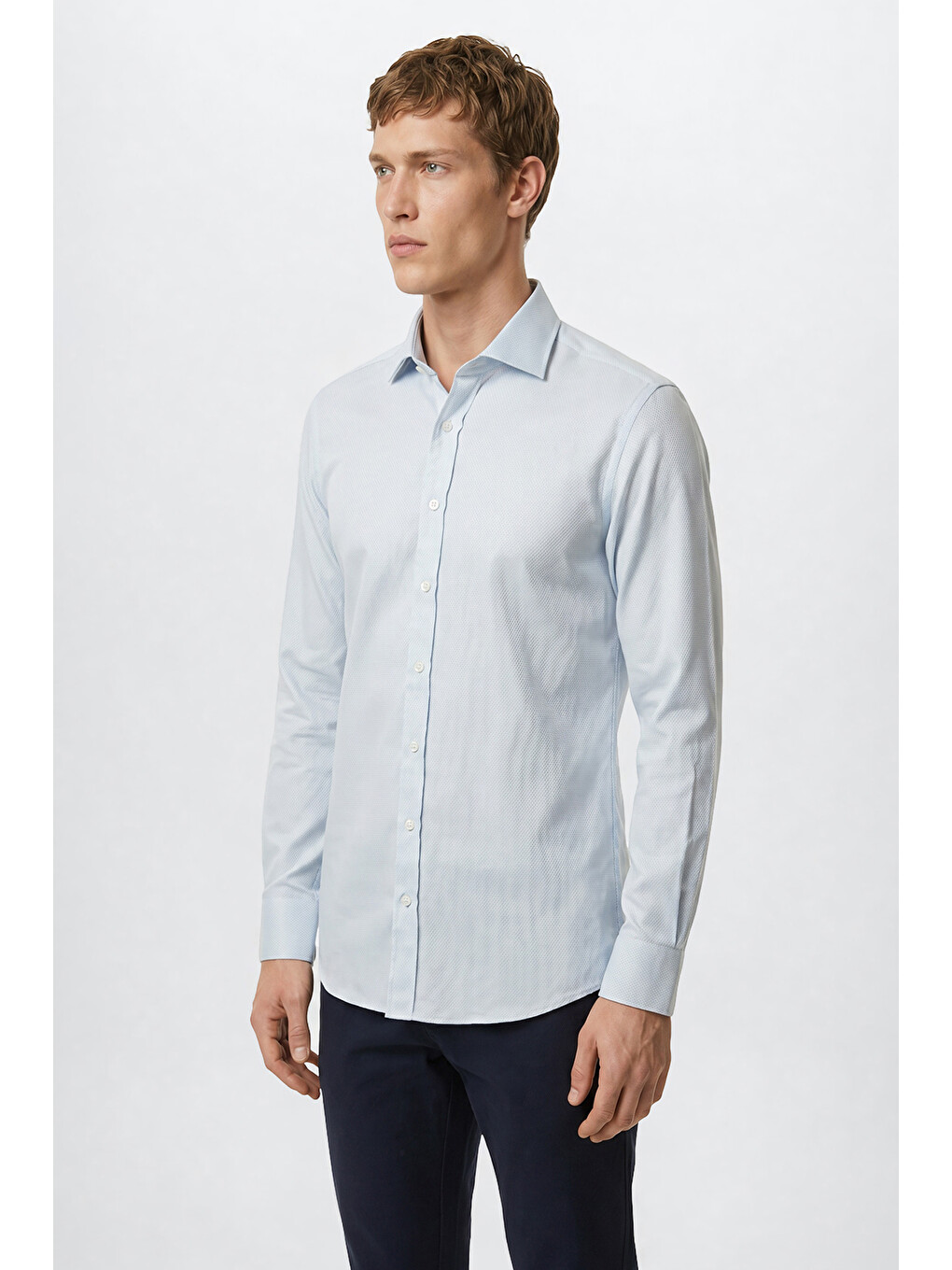 Erkek Mavi %100 Pamuk Slim Fit Dar Kesim Düğme Yaka Armürlü Gömlek-2