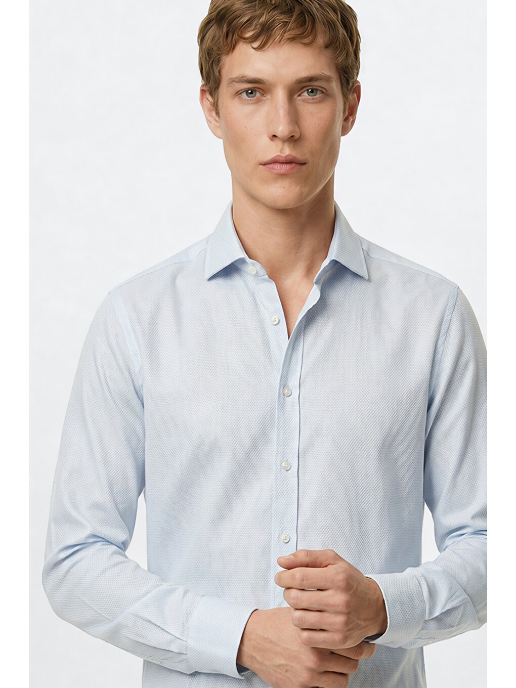 Erkek Mavi %100 Pamuk Slim Fit Dar Kesim Düğme Yaka Armürlü Gömlek-3