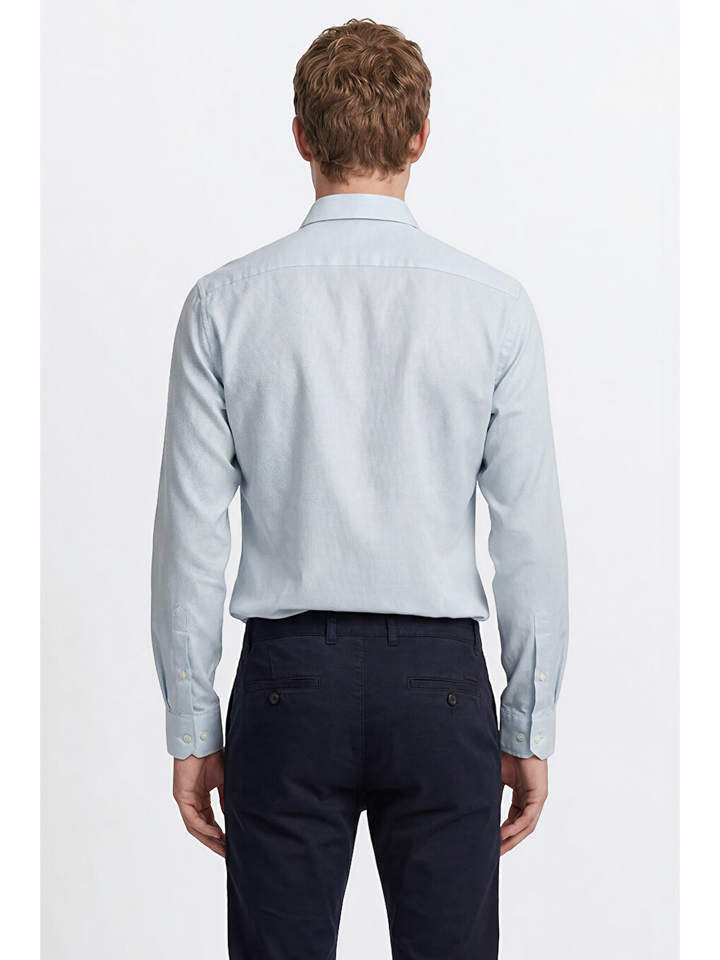 Erkek Mavi %100 Pamuk Slim Fit Dar Kesim Düğme Yaka Armürlü Gömlek-4