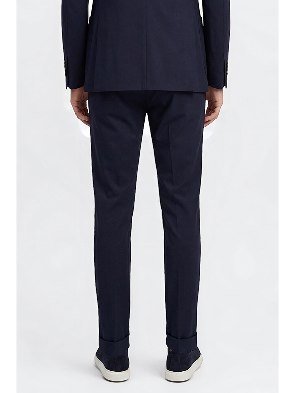 Erkek Lacivert Slim Fit Dar Kesim Kırlangıç Yaka Beli Bağlamalı Torba Cepli Takım Elbise-5