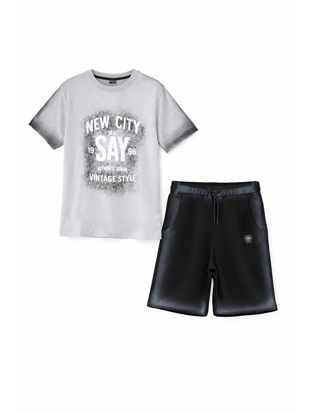 Gri Kabartmalı Yazılı Tişörtlü Desenli Şortlu Erkek Çocuk 2li Takım 23815-1