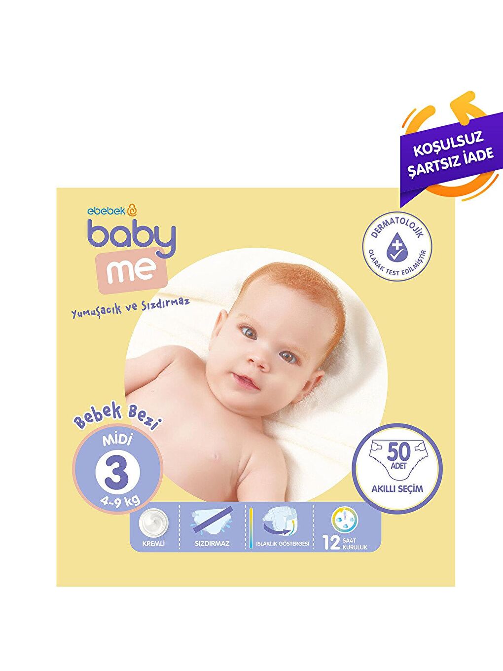 baby me Renksiz Midi 3 Numara Bebek Bezi 4-9 kg 50 adet