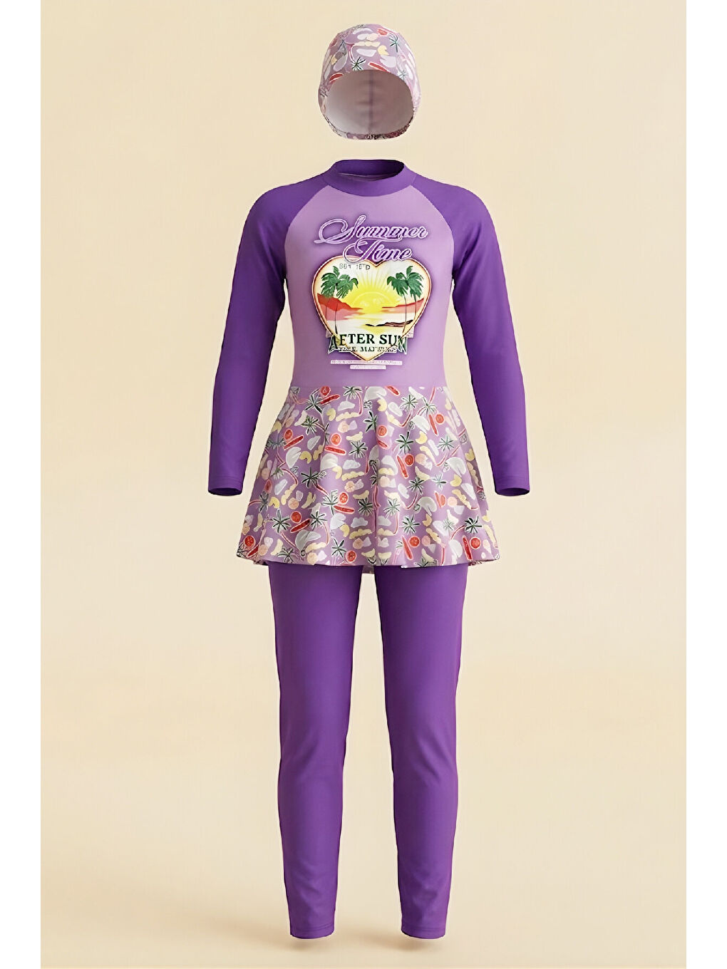 Lila Kız Çocuk Uzun Kollu ve Etek Alltlı Mayo Takımı 4-13 Yaş 12590N